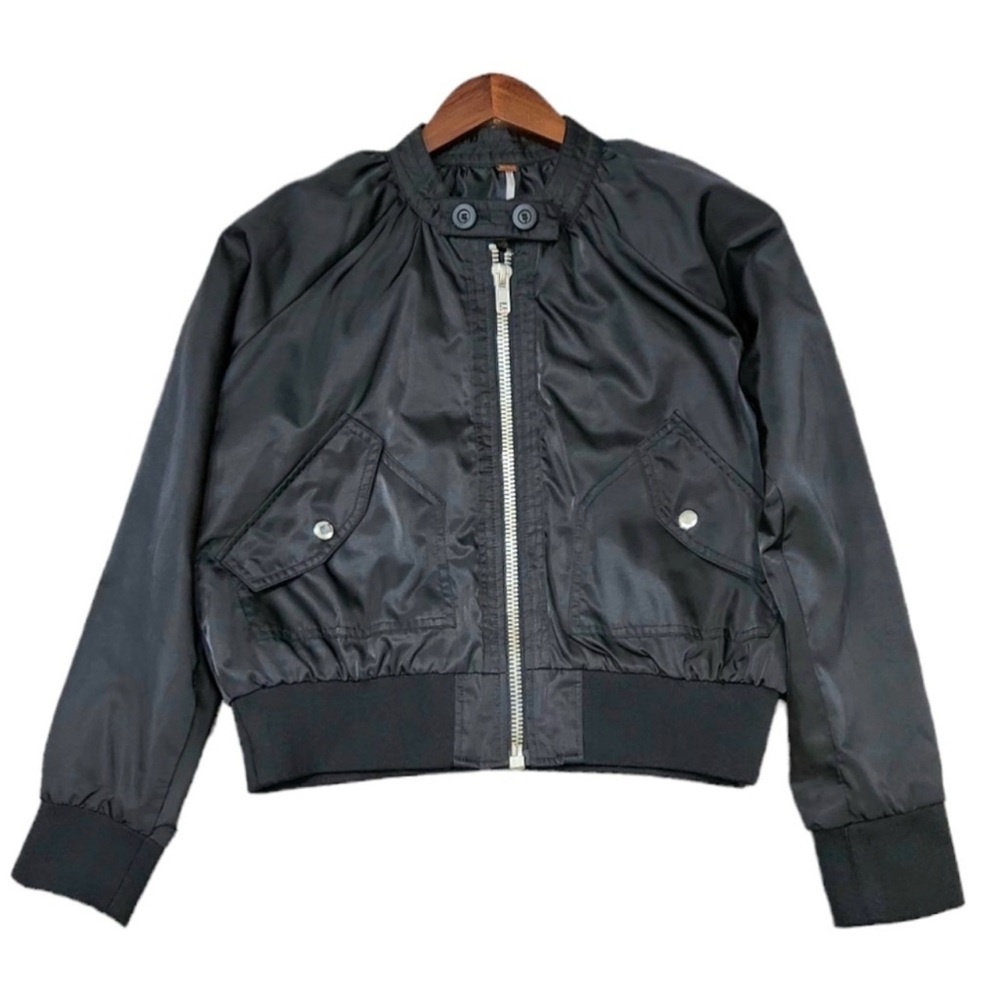 FREE PEOPLE Black Midnight Satin Full Zip Oversized Bomber Jacket L - Picture 5 of 16